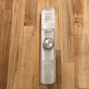 Swatch Silver Glitter Strap Watch with Champagne Dial.  NEVER WORN.